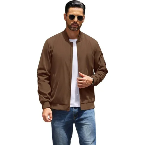 Men's Bomber Jackets Coat Brown Fabric Designs Winter Warm Casual Zip Up Pocket